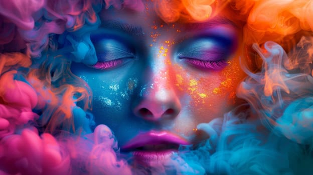A woman with colorful makeup and hair is surrounded by smoke