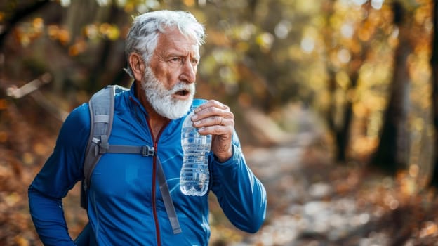 A man with a beard and blue jacket drinking water