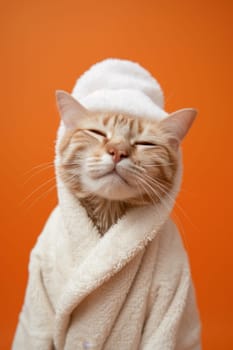 A happy morning image. A red-haired cat in a bathrobe and with a towel on his head rejoices on an orange background.