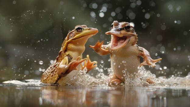 Two frogs are playing in the water together with raindrops