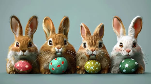 A group of four bunnies with easter eggs in their mouths