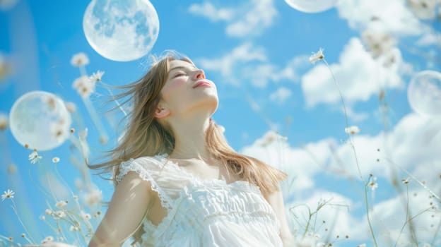 A woman in a white dress blowing bubbles into the air