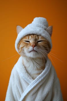 A happy morning image. A red-haired cat in a bathrobe and with a towel on his head rejoices on an orange background.