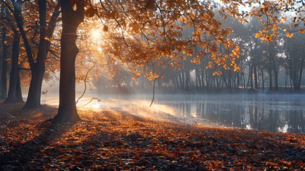 A lake surrounded by trees and leaves with a sun shining through