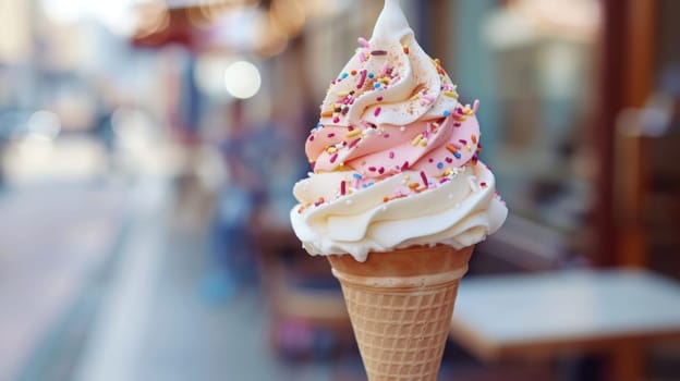 A close up of a cone with pink and white sprinkles