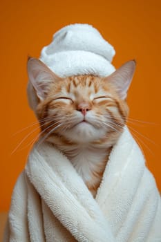 A happy morning image. A red-haired cat in a bathrobe and with a towel on his head rejoices on an orange background.