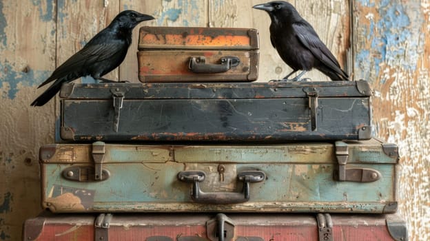 A group of three birds sitting on top of a stack of suitcases