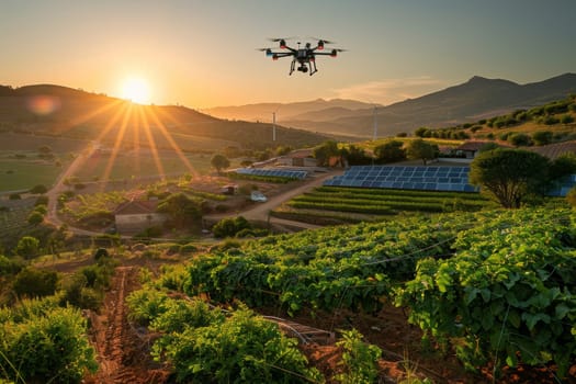 Farming with drone. agriculture and harvest technology innovation. Generative AI.