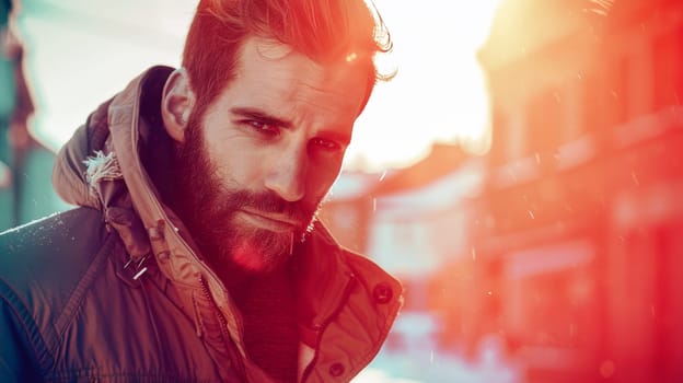 A man with a beard and jacket standing outside in the snow