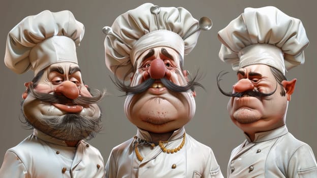 Three cartoon chefs with different facial expressions and hats