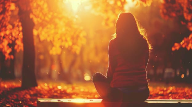 A woman sitting on a bench in the sun with trees behind her