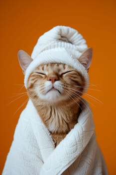 A happy morning image. A red-haired cat in a bathrobe and with a towel on his head rejoices on an orange background.