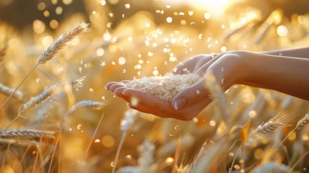 A person holding grains of wheat in their hands with a golden sun behind them