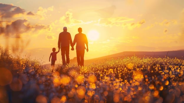 A couple holding hands walking through a field at sunset