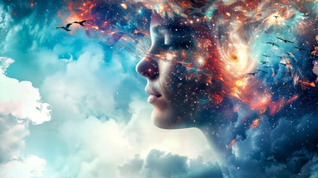 Artistic image blending a woman's profile with celestial imagery, symbolizing imagination and dreams