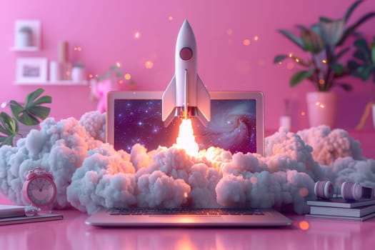 A laptop computer is shown with a rocket launching from it. The rocket is surrounded by a cloud of smoke, and the laptop is on a pink background. Concept of excitement and adventure