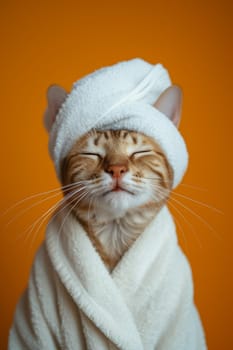 A happy morning image. A red-haired cat in a bathrobe and with a towel on his head rejoices on an orange background.