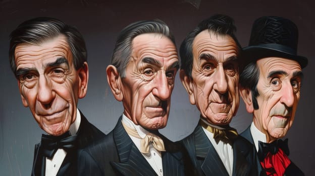 A painting of four men in tuxedos with different facial expressions