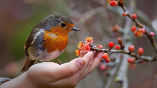 A small bird perched on a persons hand with flowers in the background