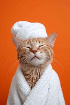 A happy morning image. A red-haired cat in a bathrobe and with a towel on his head rejoices on an orange background.