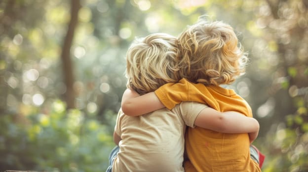 Two children sitting on a log hugging each other