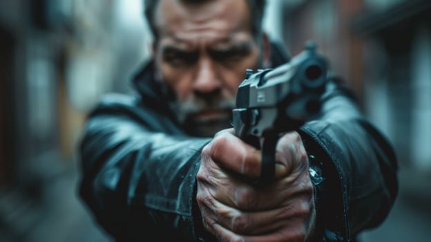 A man in black jacket aiming a gun at the camera