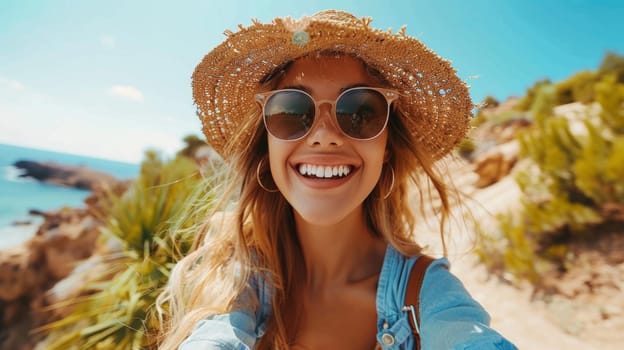 A woman wearing sunglasses and a straw hat smiles for the camera