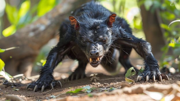 A black animal with large teeth and claws on the ground