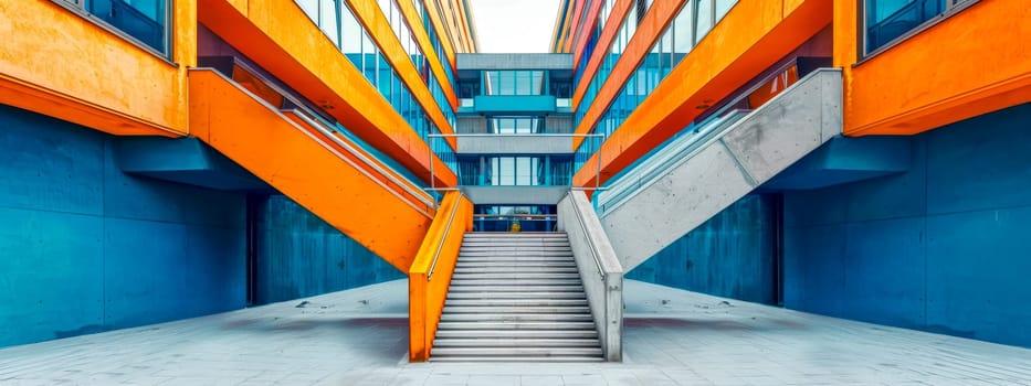 Symmetrical view of vibrant staircases in a contemporary building complex