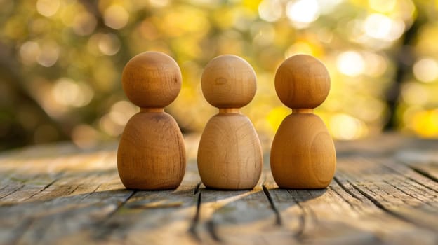 Three wooden figures are standing on a wood table