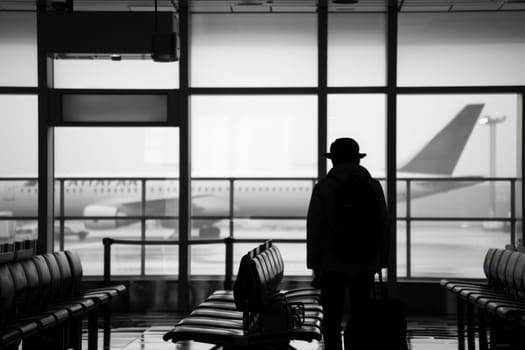 A man is walking through an airport terminal with a suitcase and a backpack. The man is looking out the window at an airplane. The scene is quiet and calm