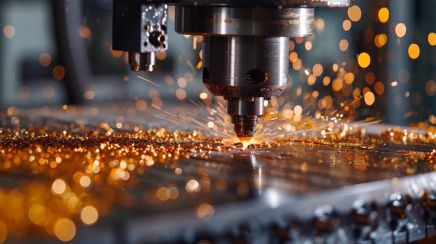 A machine is cutting metal with sparks flying everywhere