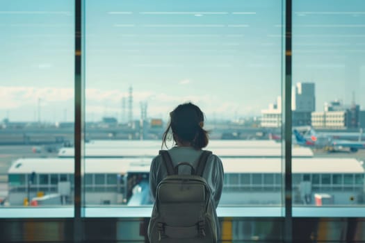 A woman with a backpack is looking out the window at the airport. The scene is calm and peaceful, with the woman taking a moment to appreciate the view