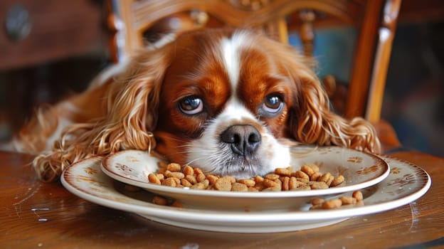 A dog is sitting on a table eating from two bowls