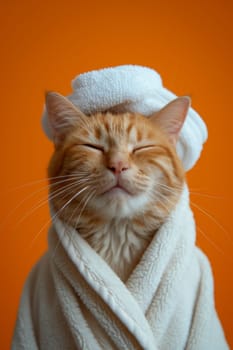 A happy morning image. A red-haired cat in a bathrobe and with a towel on his head rejoices on an orange background.