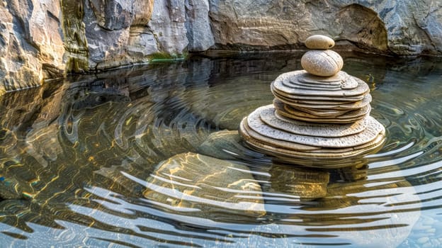 Balanced rock stack in tranquil pond against a cliff backdrop, symbolizing harmony