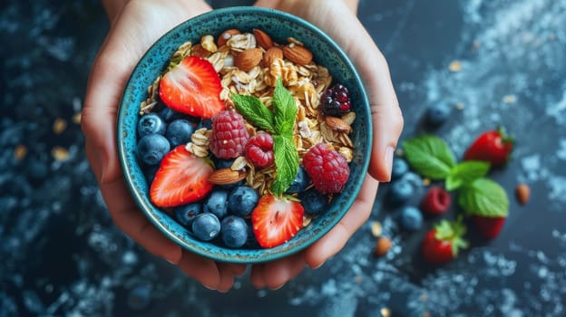 A person holding a bowl of berries, nuts and granola