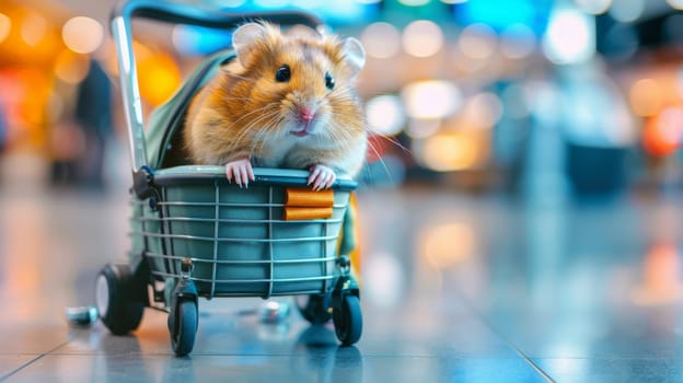 A hamster in a shopping cart with its head sticking out