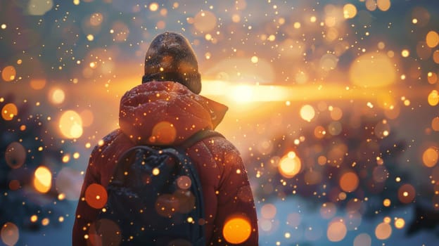 A person in a red jacket standing on snow covered ground