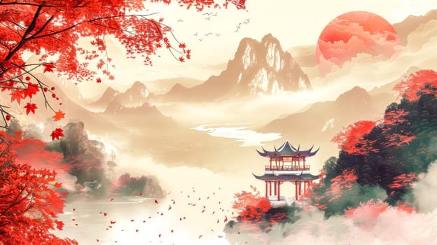 Tranquil scene depicting a traditional asian pavilion amidst mountains with autumn trees