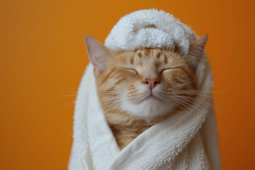 A happy morning image. A red-haired cat in a bathrobe and with a towel on his head rejoices on an orange background.