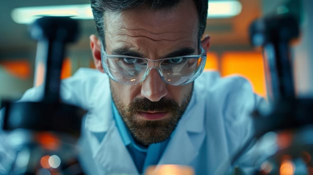 A man in lab coat looking at something with a glass tube