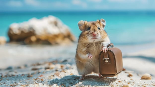 A hamster with a brown suitcase on the beach
