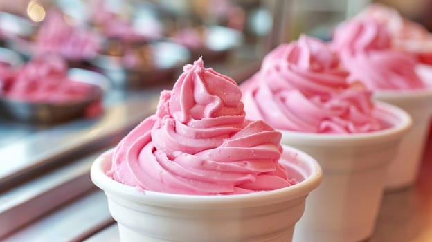 A row of cups filled with pink frosting sitting on a counter