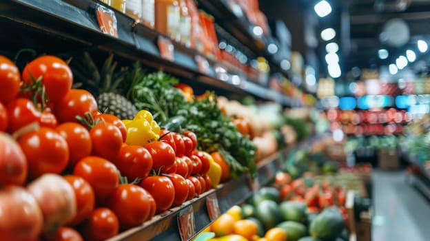 A grocery store with produce section filled with many different fruits and vegetables