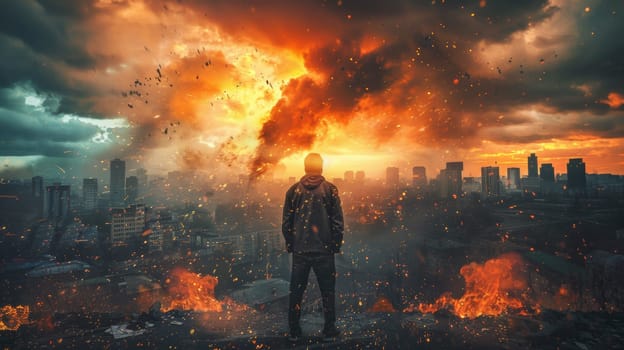 A man standing in front of a city with fire and smoke