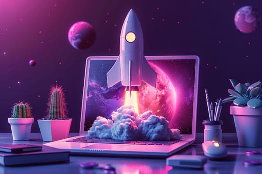 A computer screen shows a rocket launching into space. The image has a futuristic and adventurous mood, with the rocket taking off from a laptop on a desk