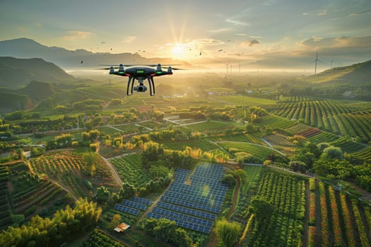 Farming with drone. agriculture and harvest technology innovation. Generative AI.