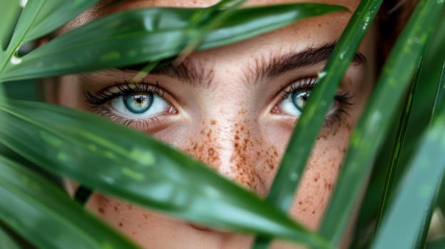 A woman with freckles peeking out from behind a green leaf