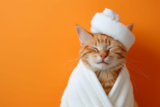 A happy morning image. A red-haired cat in a bathrobe and with a towel on his head rejoices on an orange background.